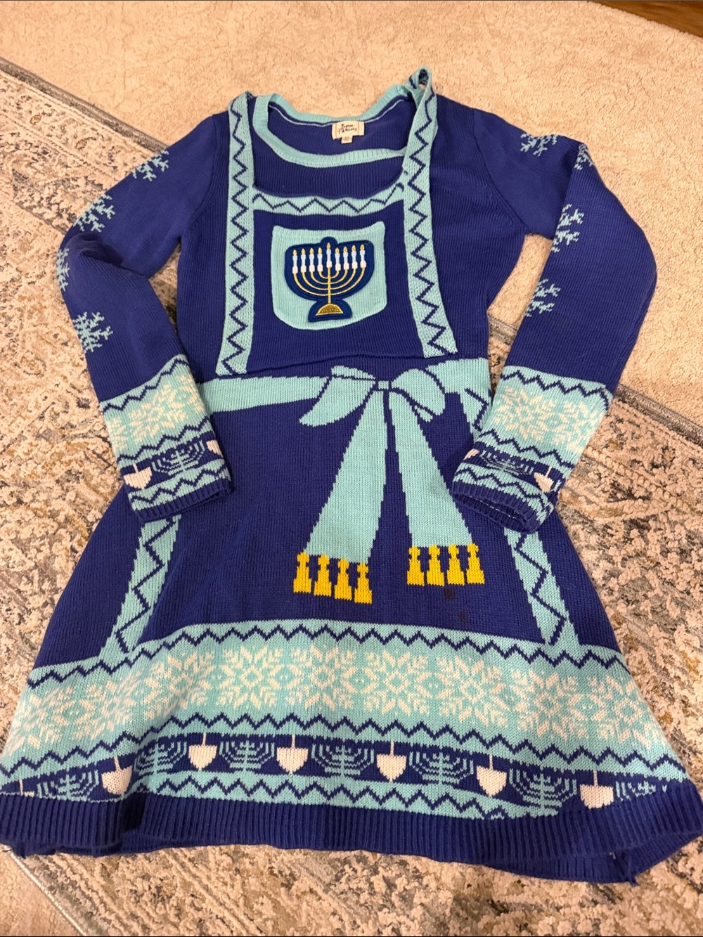 Women’s Blue Knit Midi Sweater Dress with Menorah Motif